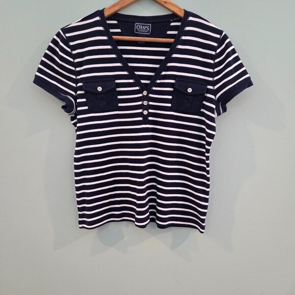 CHAPS T-SHIRT WITH POCKET DETAIL NAVY AND WHITE STRIPED SIZE LARGE 100% COTTON - Picture 1 of 11